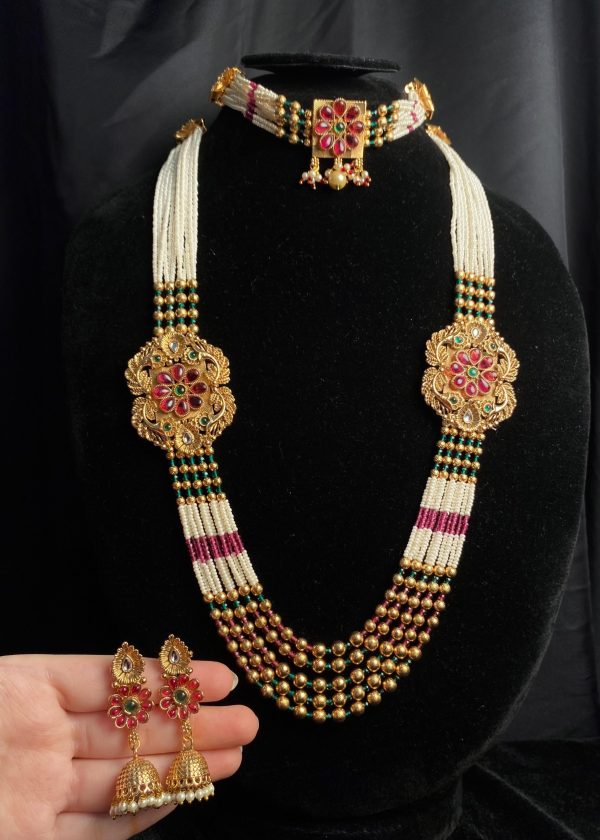 Deep Pink and Green South Indian Queen Mala Set