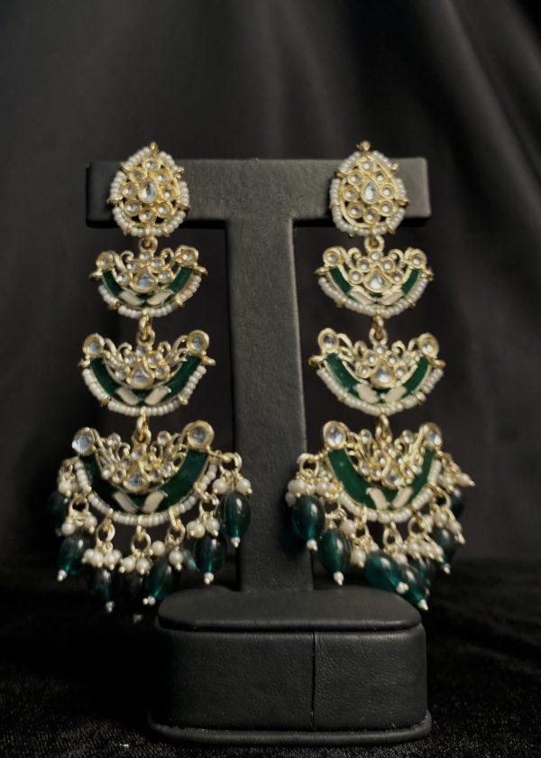 Festive Long Dangling Indian Kundan Earrings Green