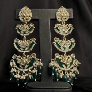 Festive Long Dangling Indian Kundan Earrings Green