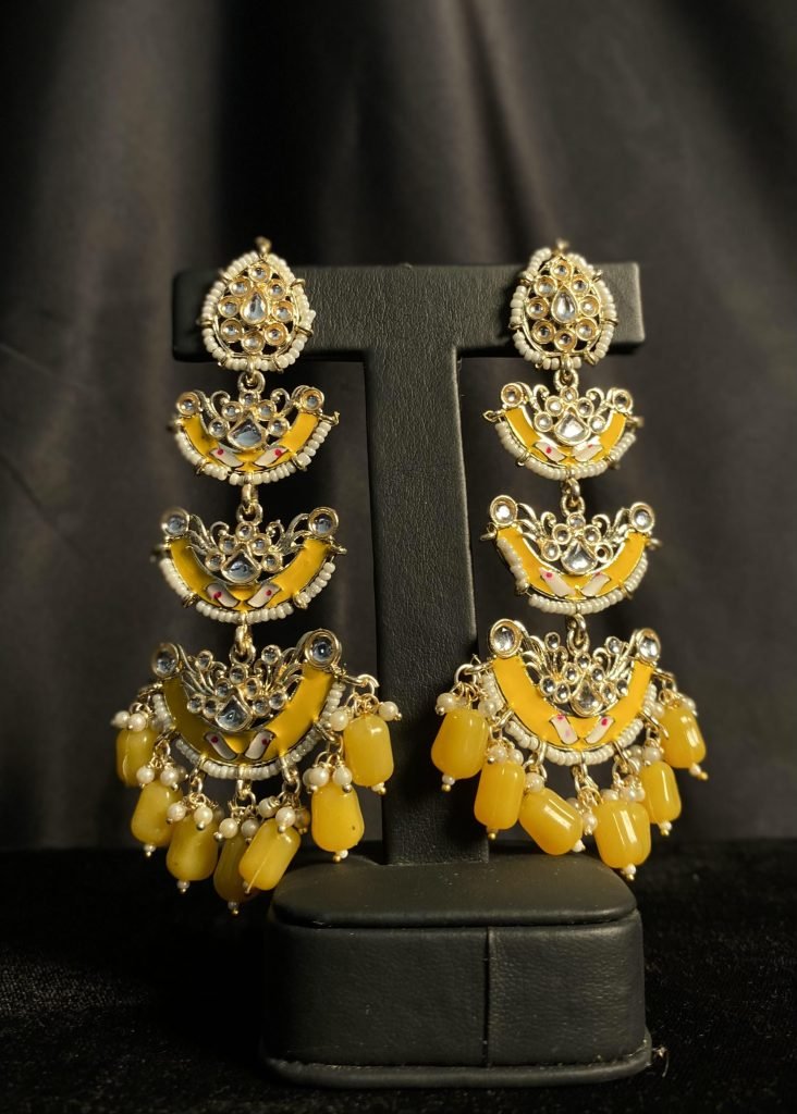 Yellow Color Kundan Long Earrings