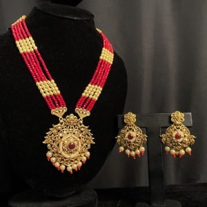 Kundan Long Mala with Red and Ivory pearl-bead setting1