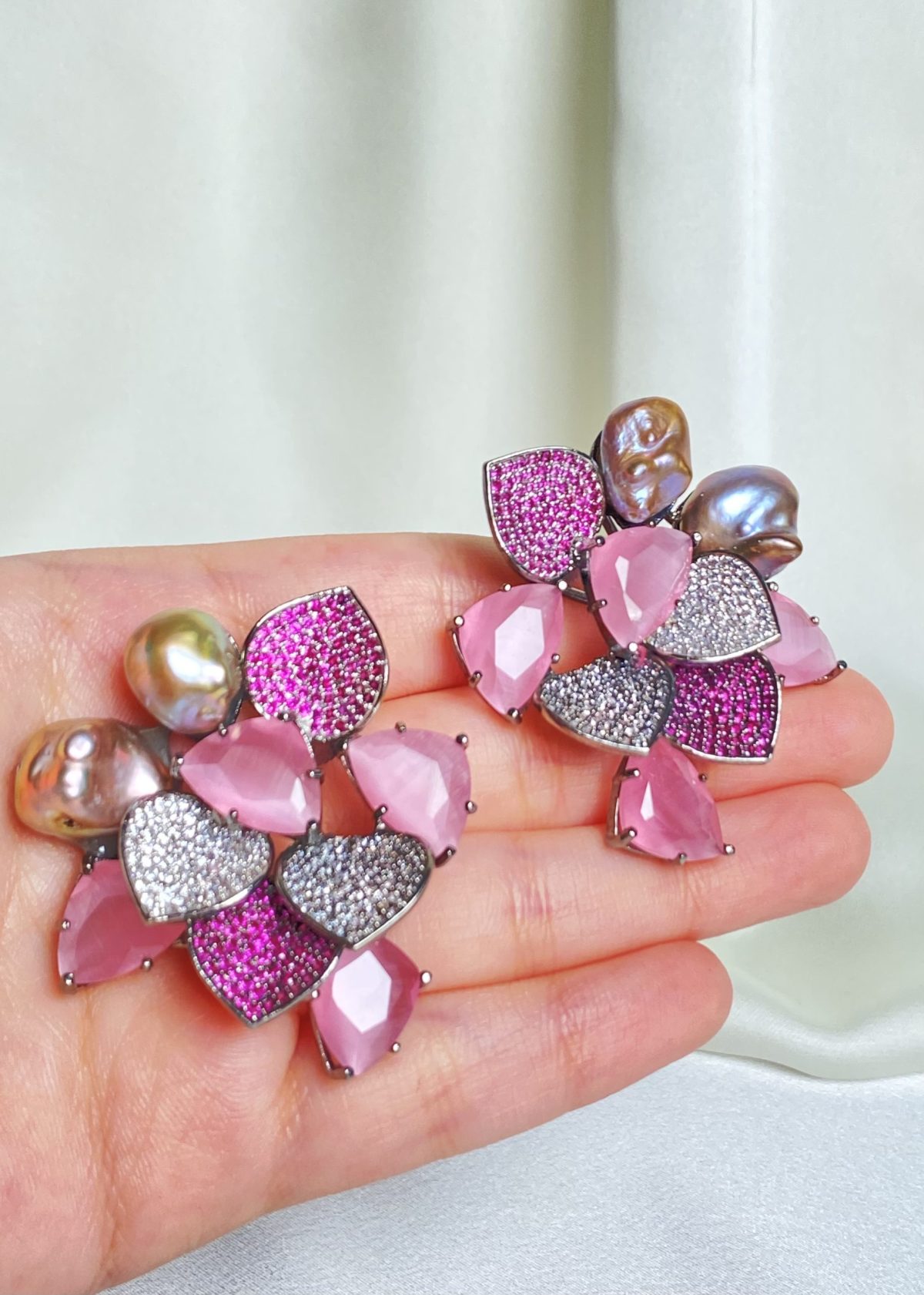 Peony Earrings with intricately studded petals, double-studded stones, and soft pink Mother of Pearl.