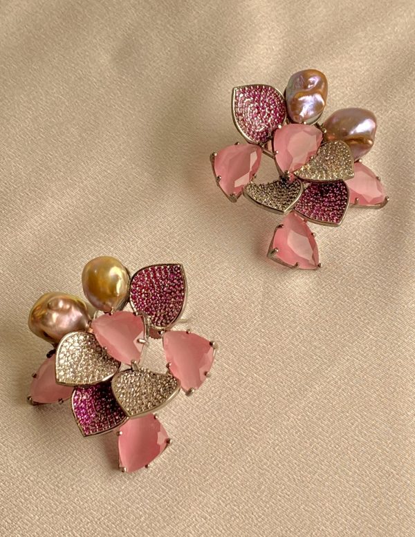 Peony Earrings with intricately studded petals, double-studded stones, and soft pink Mother of Pearl.