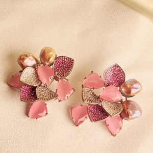 Peony Earrings with intricately studded petals, double-studded stones, and soft pink Mother of Pearl.