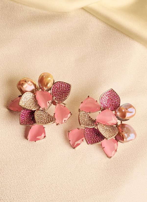 Peony Earrings with intricately studded petals, double-studded stones, and soft pink Mother of Pearl.