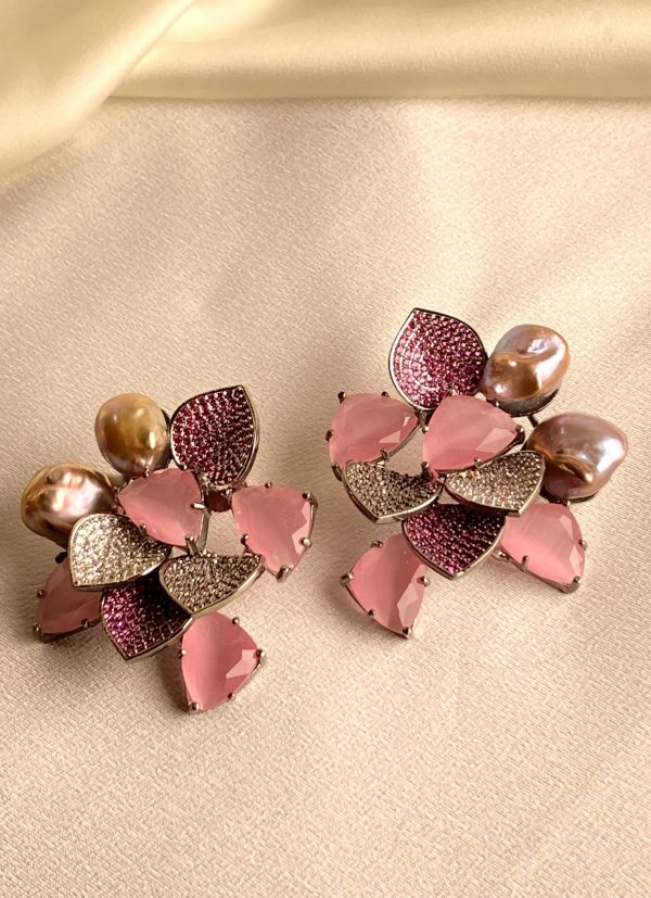 Peony Earrings with intricately studded petals, double-studded stones, and soft pink Mother of Pearl.