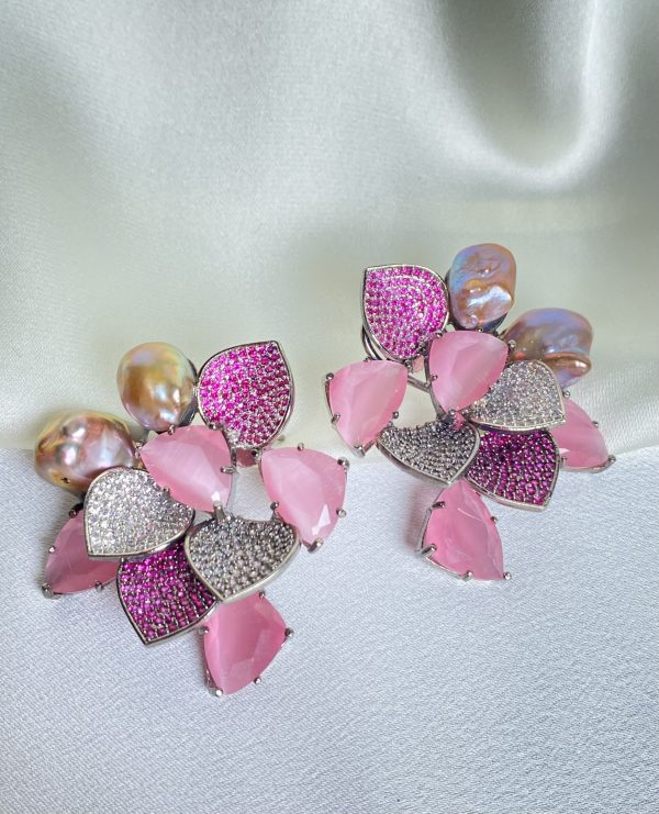 Peony Earrings with intricately studded petals, double-studded stones, and soft pink Mother of Pearl.