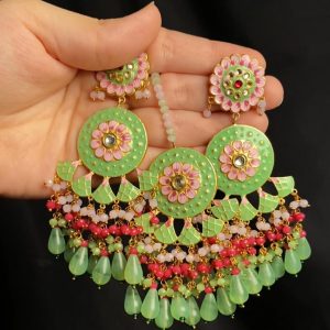 Jaipuri Indian Meenkari Earrings and Teeka Set in pastel green with some hints of pink
