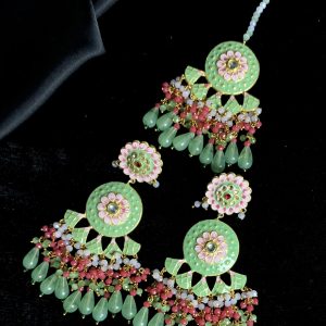 Jaipuri Indian Meenkari Earrings and Teeka Set in pastel green with some hints of pink