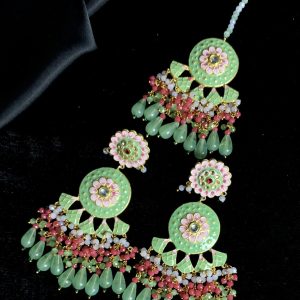 Jaipuri Indian Meenkari Earrings and Teeka Set in pastel green with some hints of pink