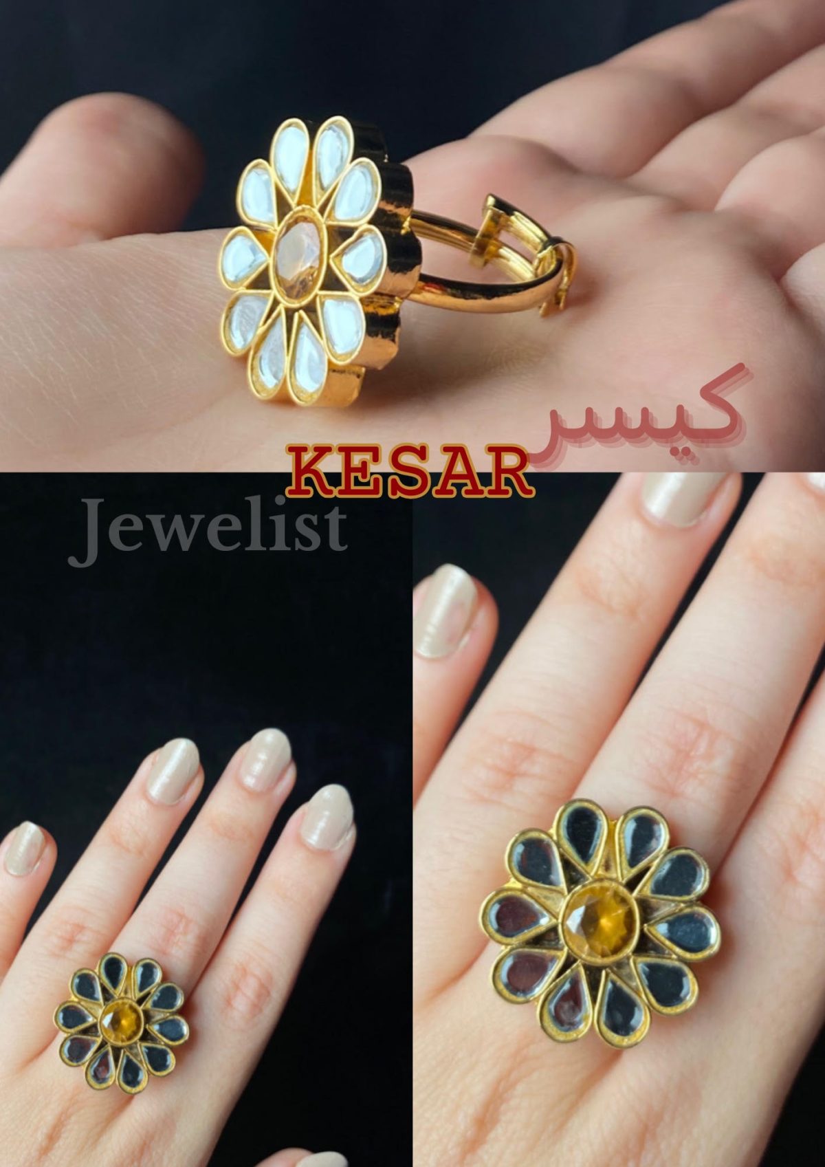 Kesar - Chandi Infused Gold Plated Kundan Ring iwth yellow stone