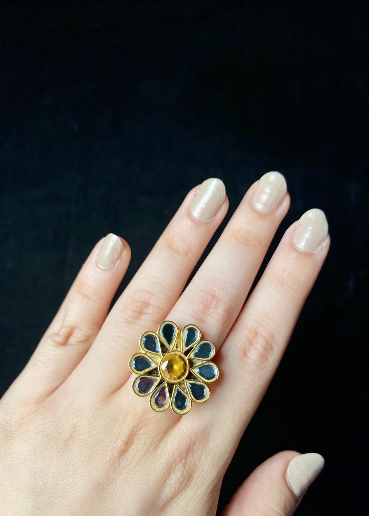 Kesar - Chandi Infused Gold Plated Kundan Ring iwth yellow stone