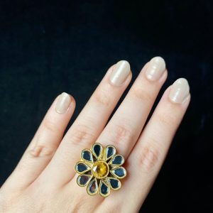 Kesar - Chandi Infused Gold Plated Kundan Ring iwth yellow stone
