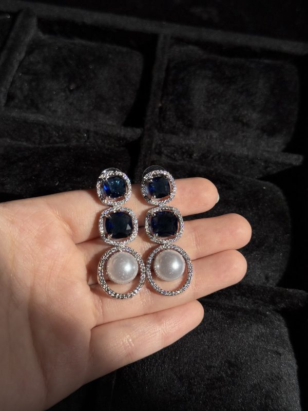 Azure Gem & Pearl Drop Earrings dark blue