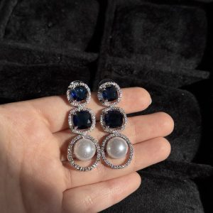 Azure Gem & Pearl Drop Earrings dark blue