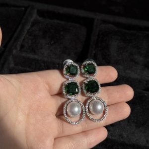 Azure Gem & Pearl Drop Earrings emerald green
