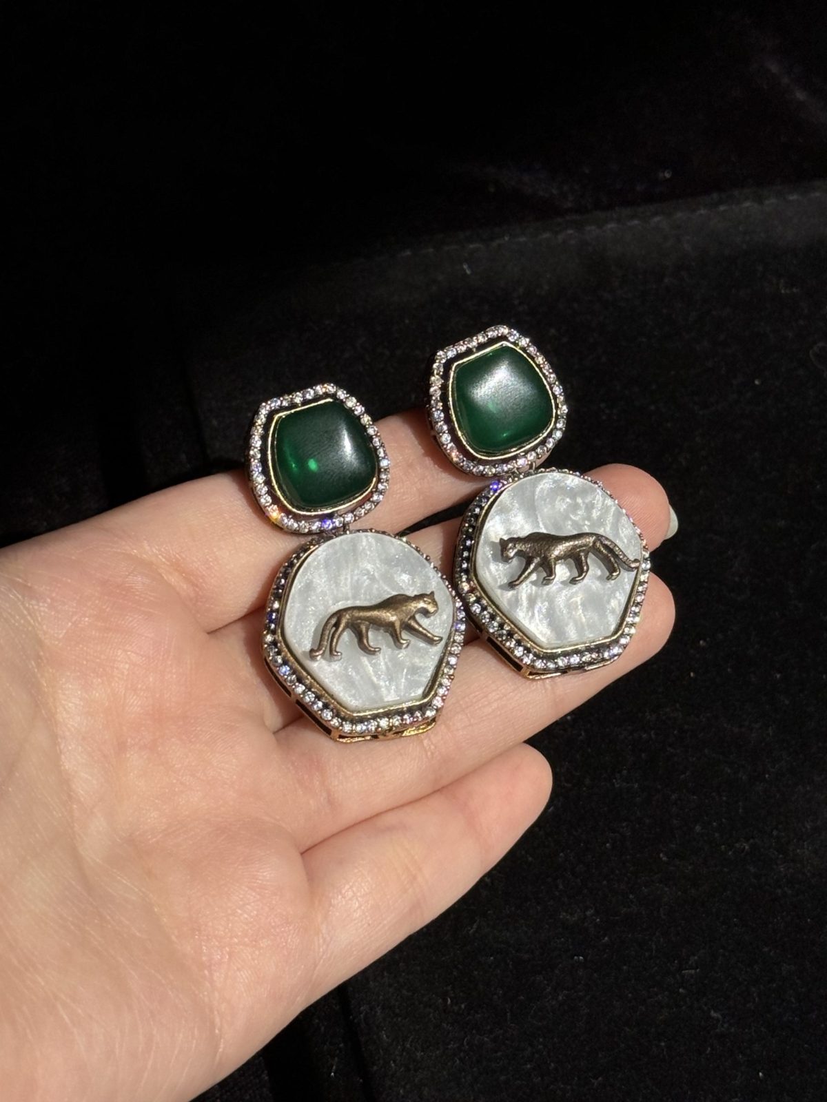 Gemstone & Tiger Motif Stud Earrings in green