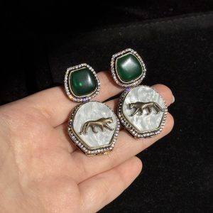 Gemstone & Tiger Motif Stud Earrings in green