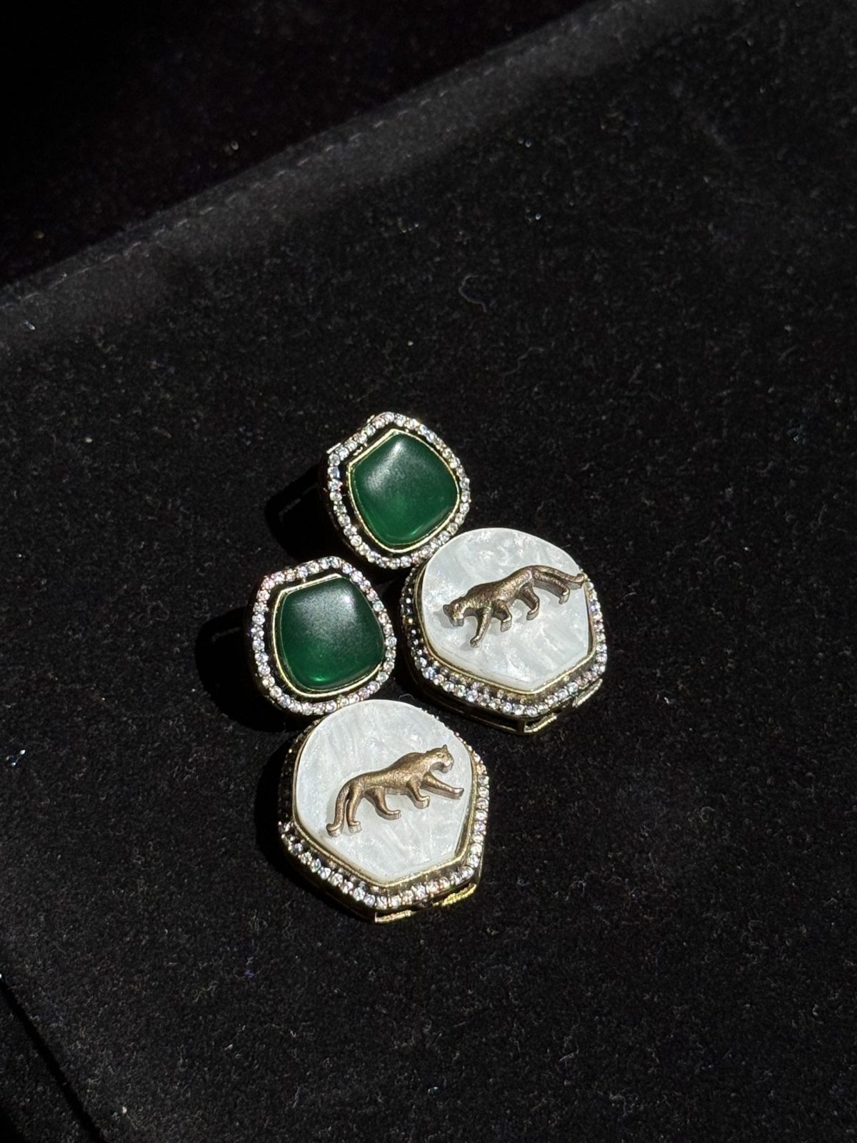 Gemstone & Tiger Motif Stud Earrings in green