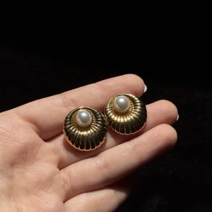 Gold Scalloped Edge Pearl Studs