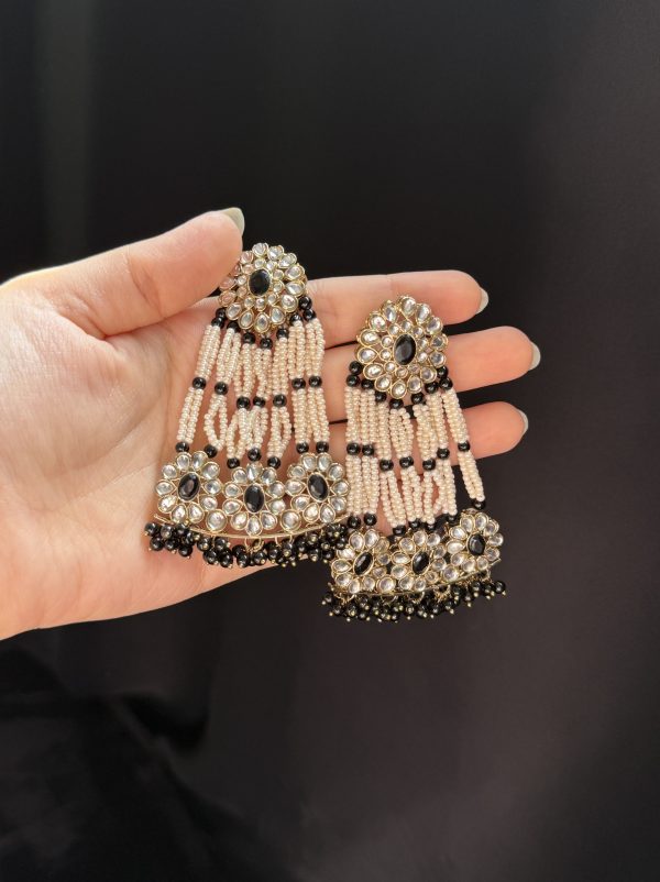 Jaipuri Pearl & Gemstone Layered Jhumka Earrings Black