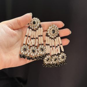 Jaipuri Pearl & Gemstone Layered Jhumka Earrings Black