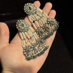 Jaipuri Pearl & Gemstone Layered Jhumka Earrings Green