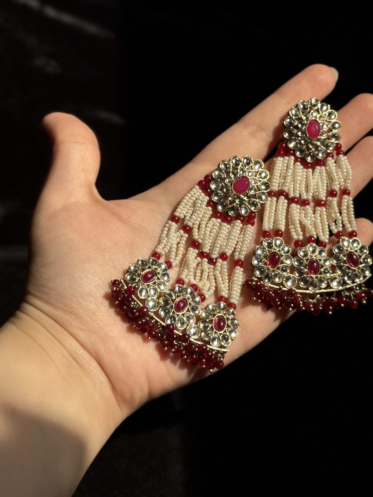 Jaipuri Pearl & Gemstone Layered Jhumka Earrings Red