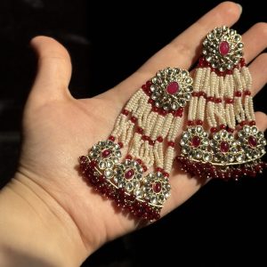 Jaipuri Pearl & Gemstone Layered Jhumka Earrings Red