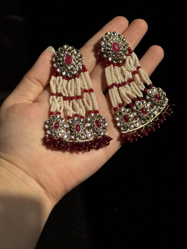 Jaipuri Pearl & Gemstone Layered Jhumka Earrings Red