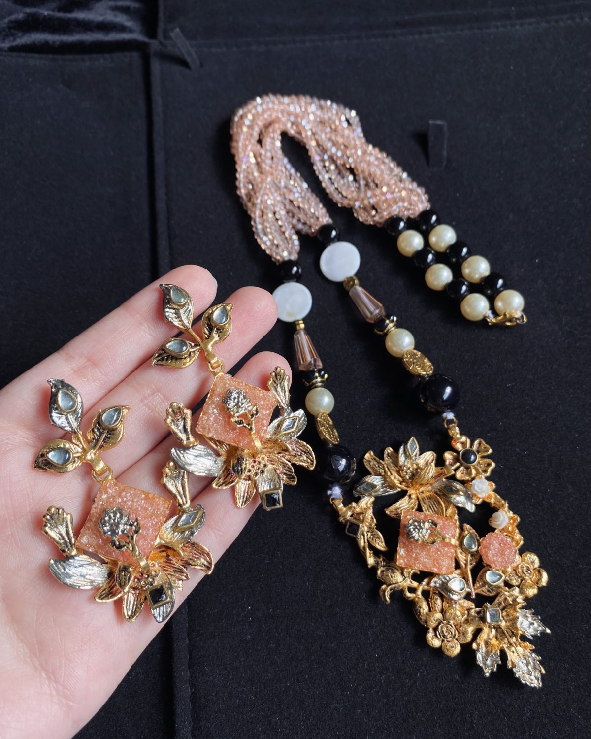 Peach Sugarstone Mala set with earring