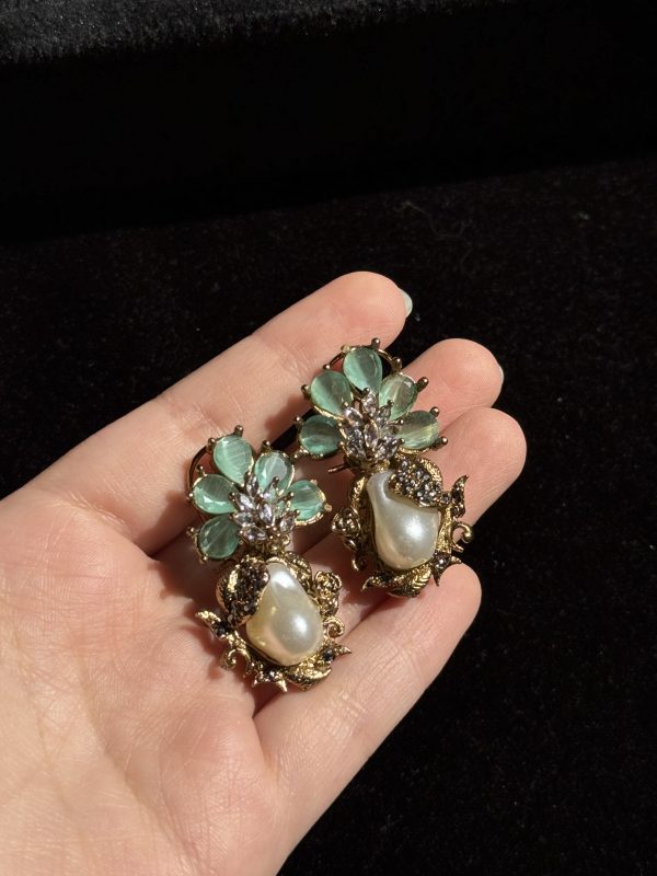 Starlet Pearl & Crystal Stud Earrings sea green