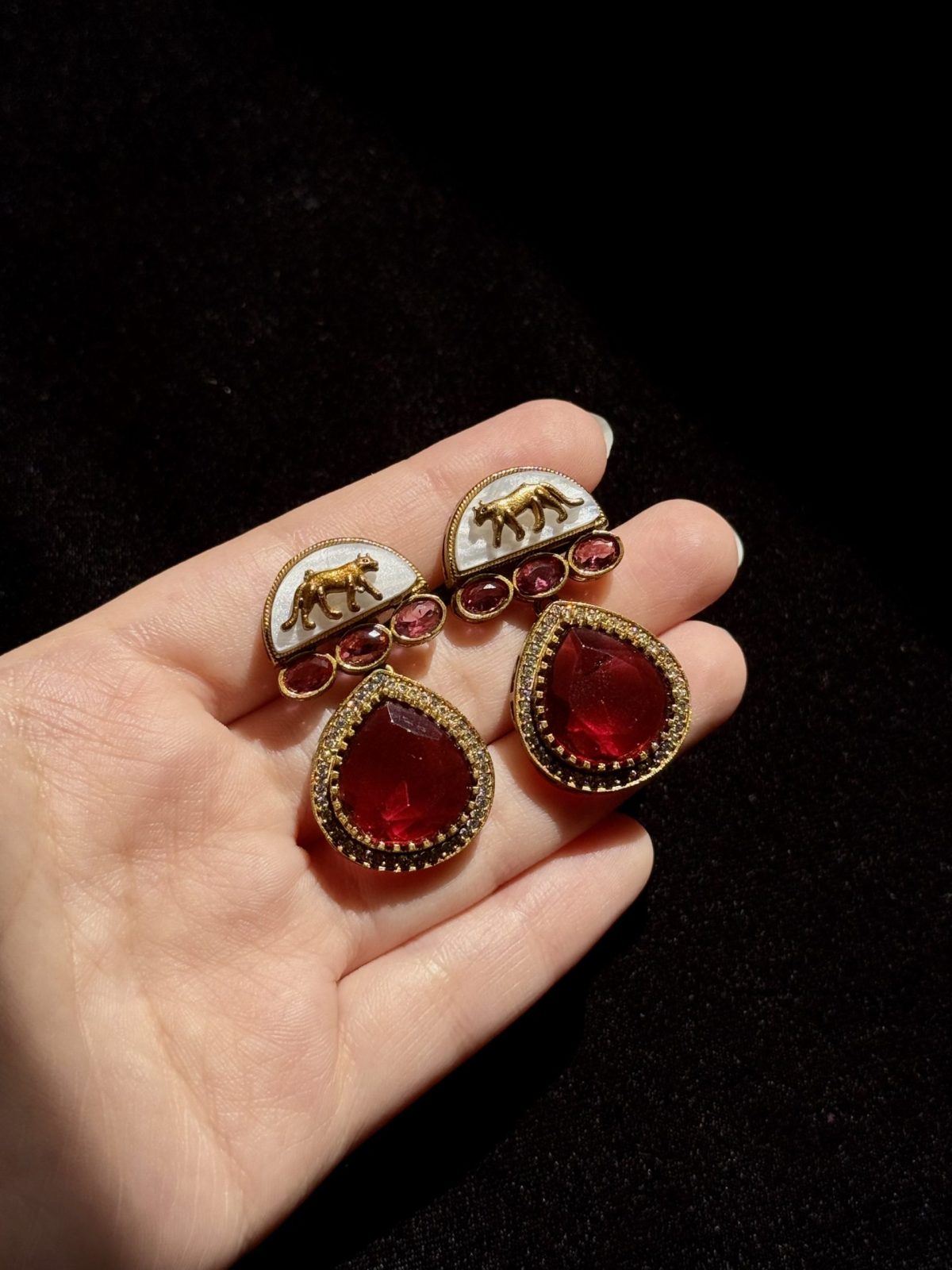 Crimson Teardrop Tiger Motif Earrings in Red