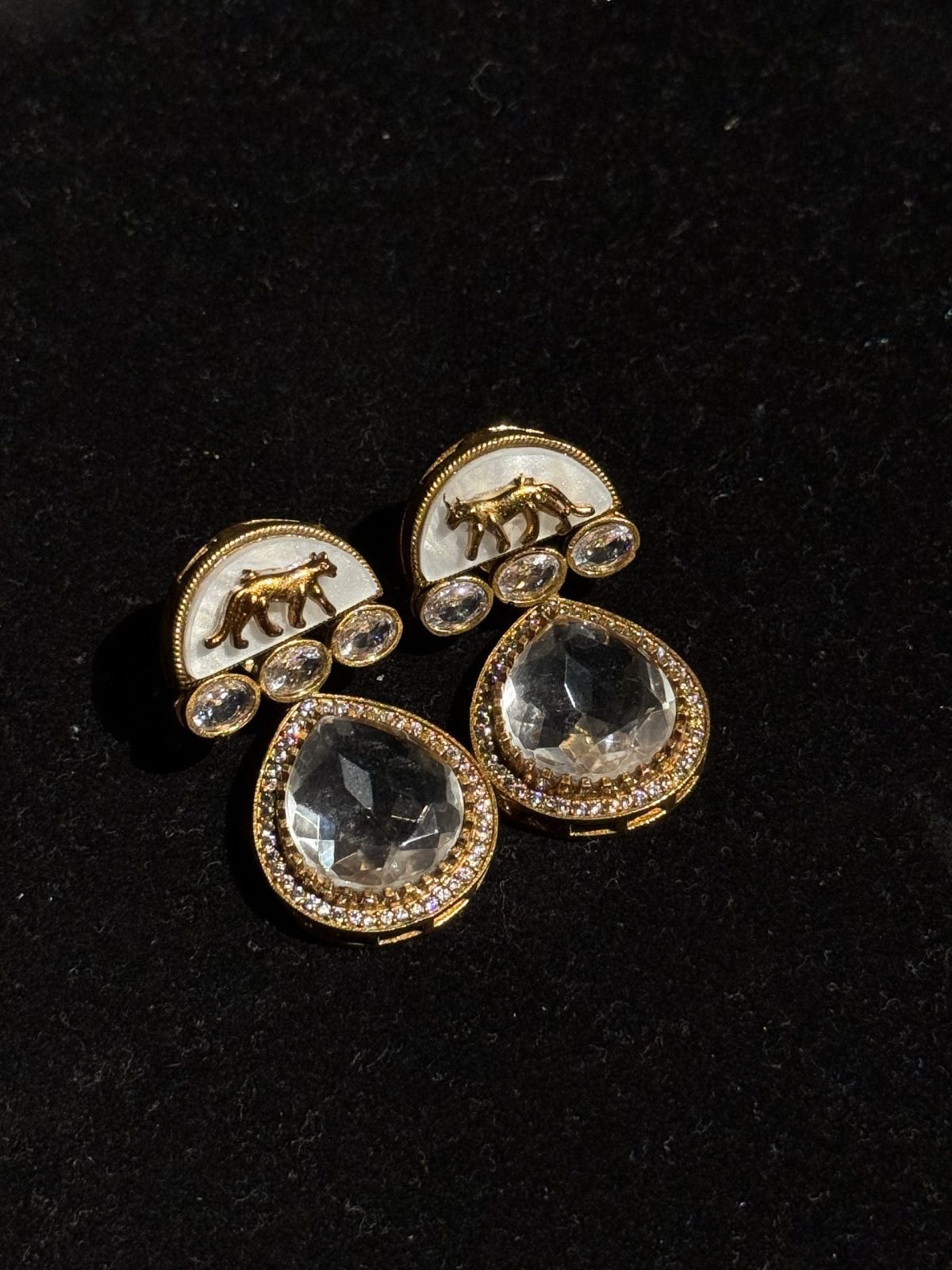 Crimson Teardrop Tiger Motif Earrings in Transparent Crystal