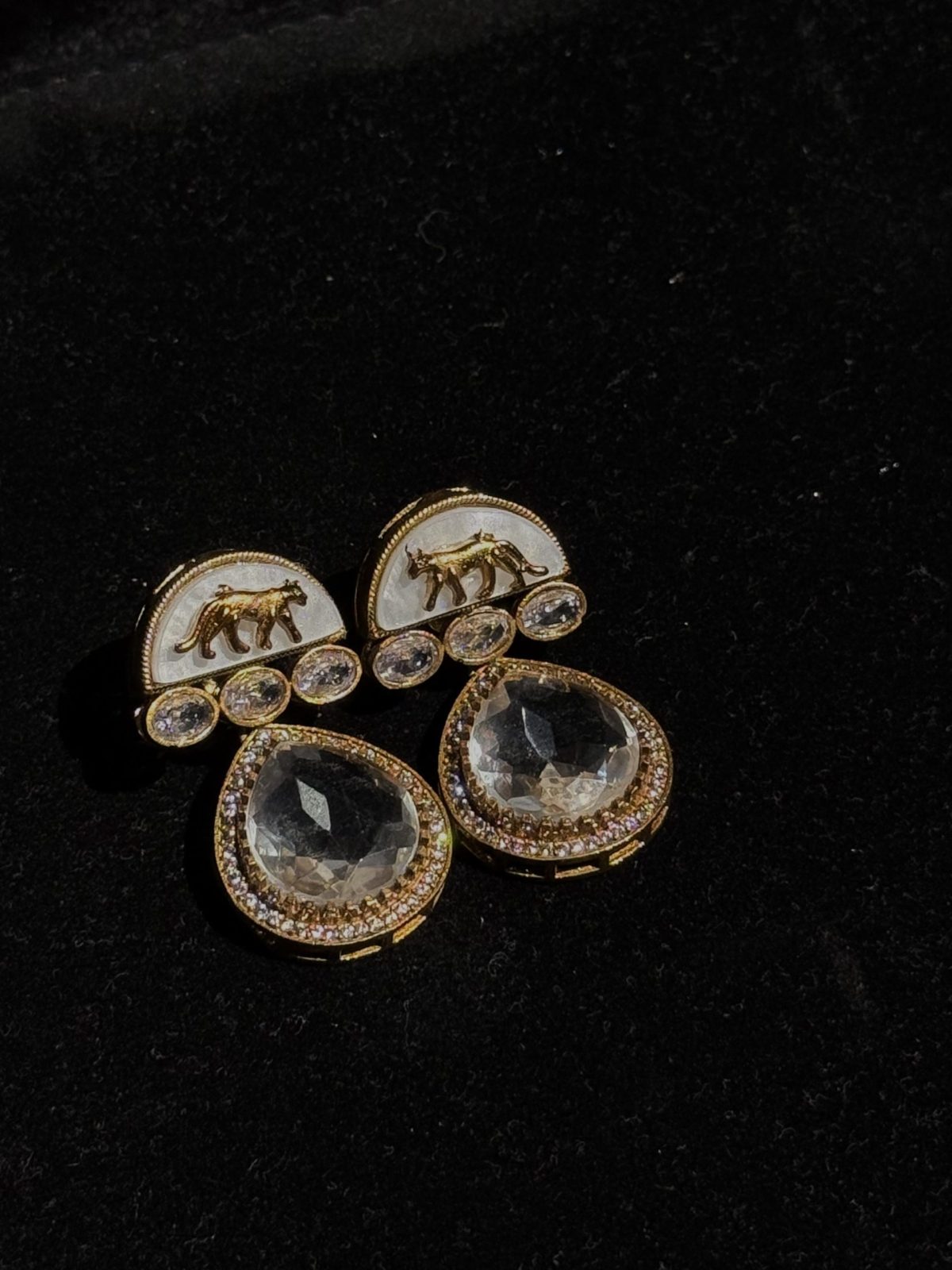 Crimson Teardrop Tiger Motif Earrings in Transparent Crystal
