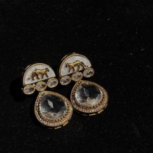 Crimson Teardrop Tiger Motif Earrings in Transparent Crystal