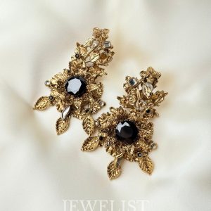 Alizeh Floral Crystal Statement Earrings in Black - Jewelist.pk Artificial Jewellery