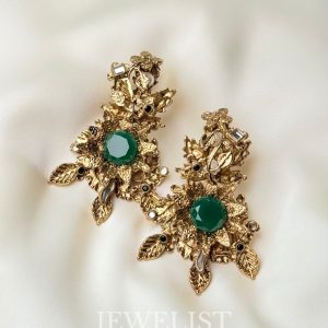 Alizeh Floral Crystal Statement Earrings in Green - Jewelist.pk Artificial Jewellery