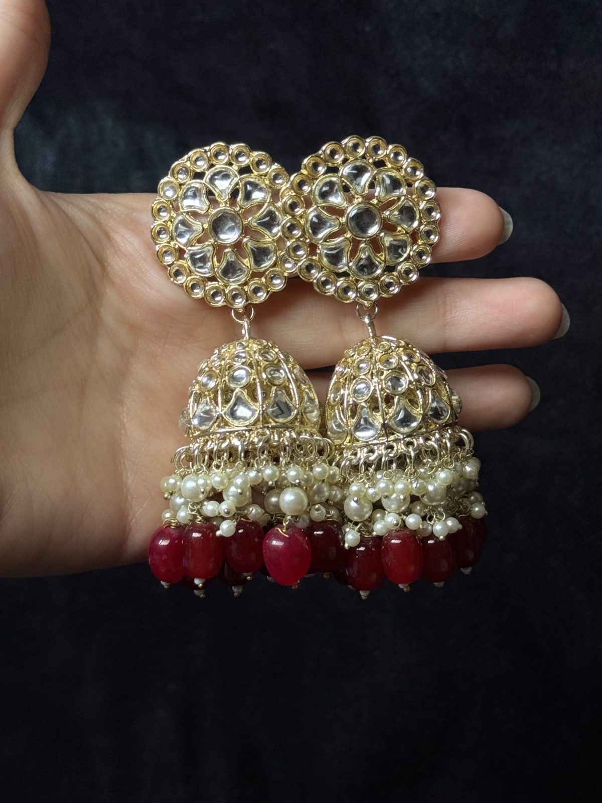 Crimson Kundan & Pearl Jhumka Earrings