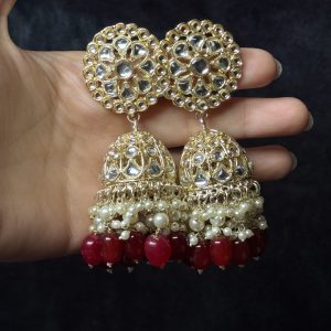 Crimson Kundan & Pearl Jhumka Earrings