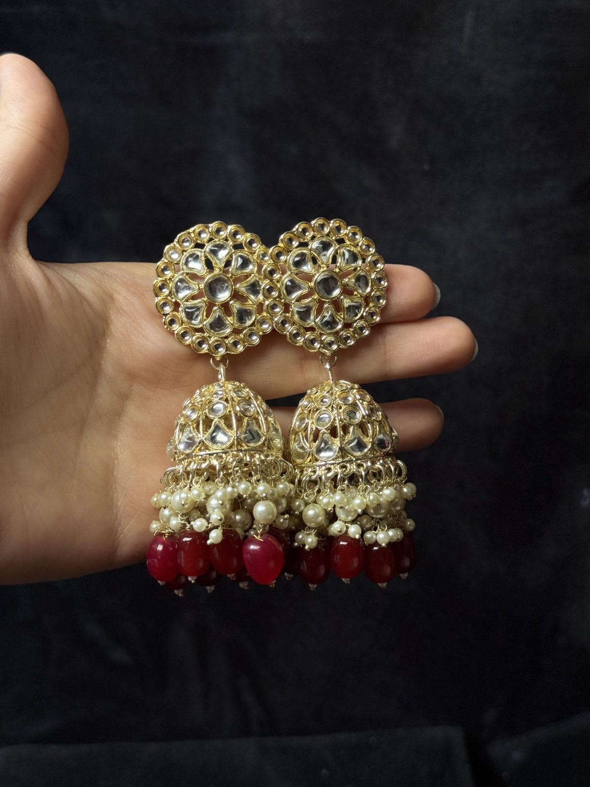 Crimson Kundan & Pearl Jhumka Earrings