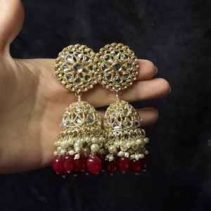 Crimson Kundan & Pearl Jhumka Earrings
