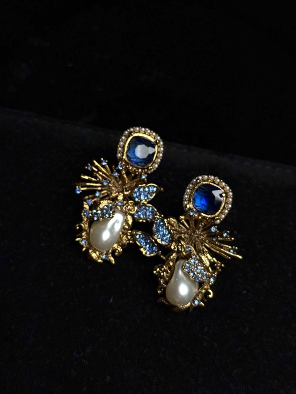 Dewdrop Pearl Earrings with crystal accents in Blue