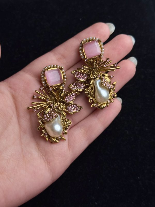 Dewdrop Pearl Earrings with crystal accents in Pink