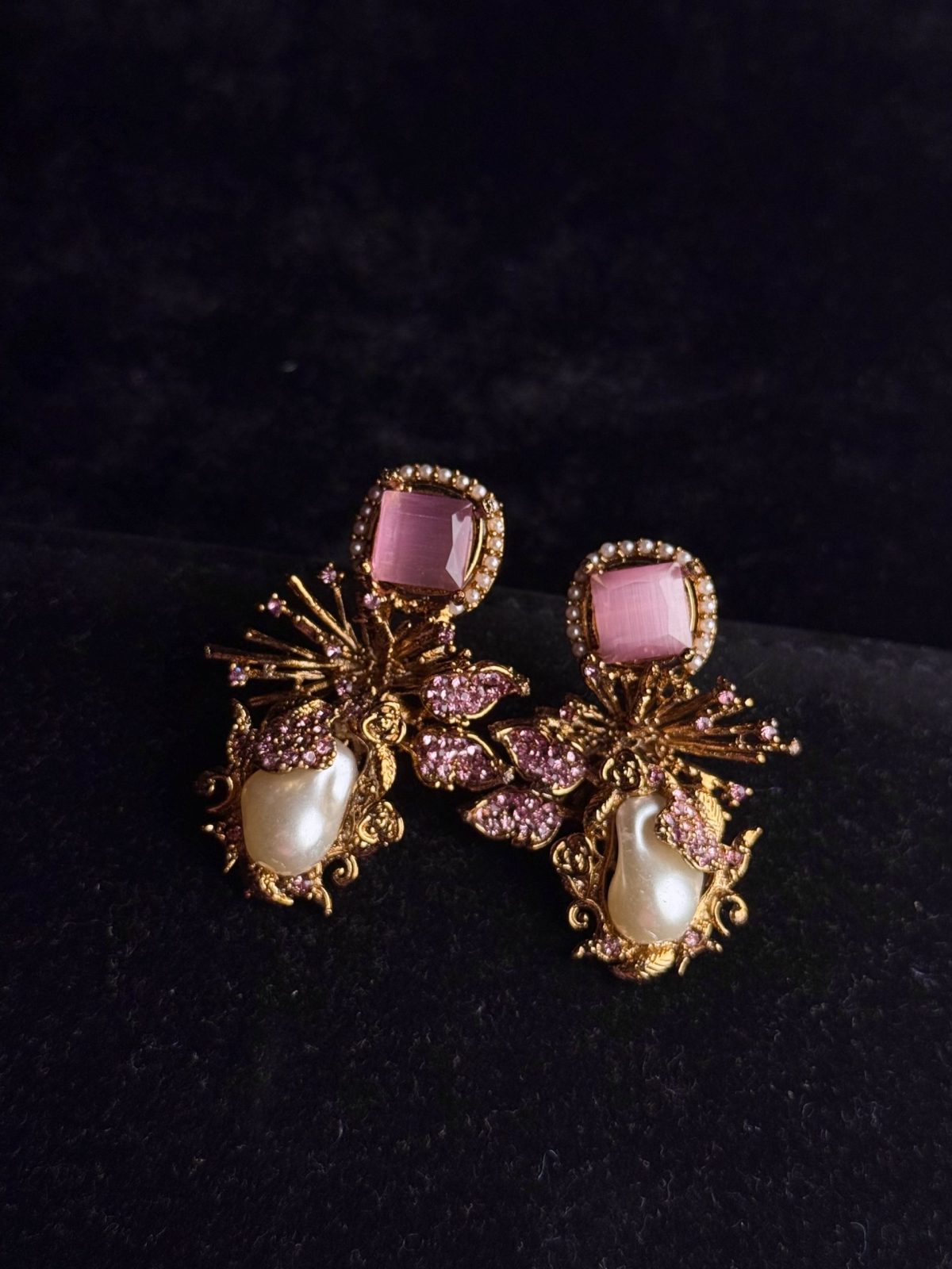 Dewdrop Pearl Earrings with crystal accents in Pink