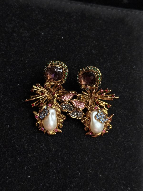 Dewdrop Pearl Earrings with crystal accents in Purple