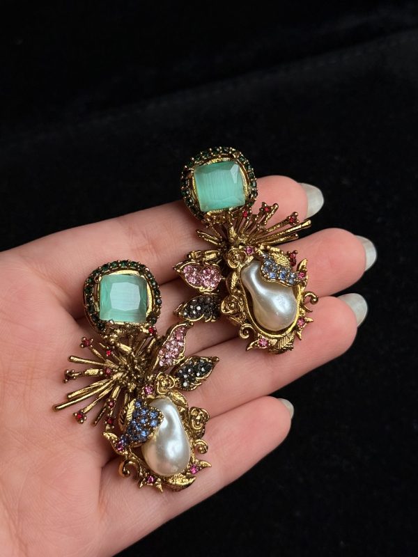 Dewdrop Pearl Earrings with crystal accents in Sea Green