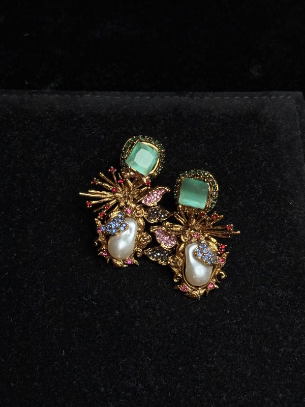 Dewdrop Pearl Earrings with crystal accents in Sea Green