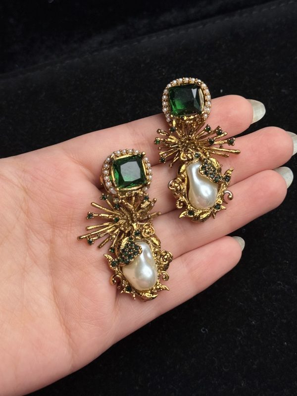 Dewdrop Pearl Earrings with crystal accents in Green