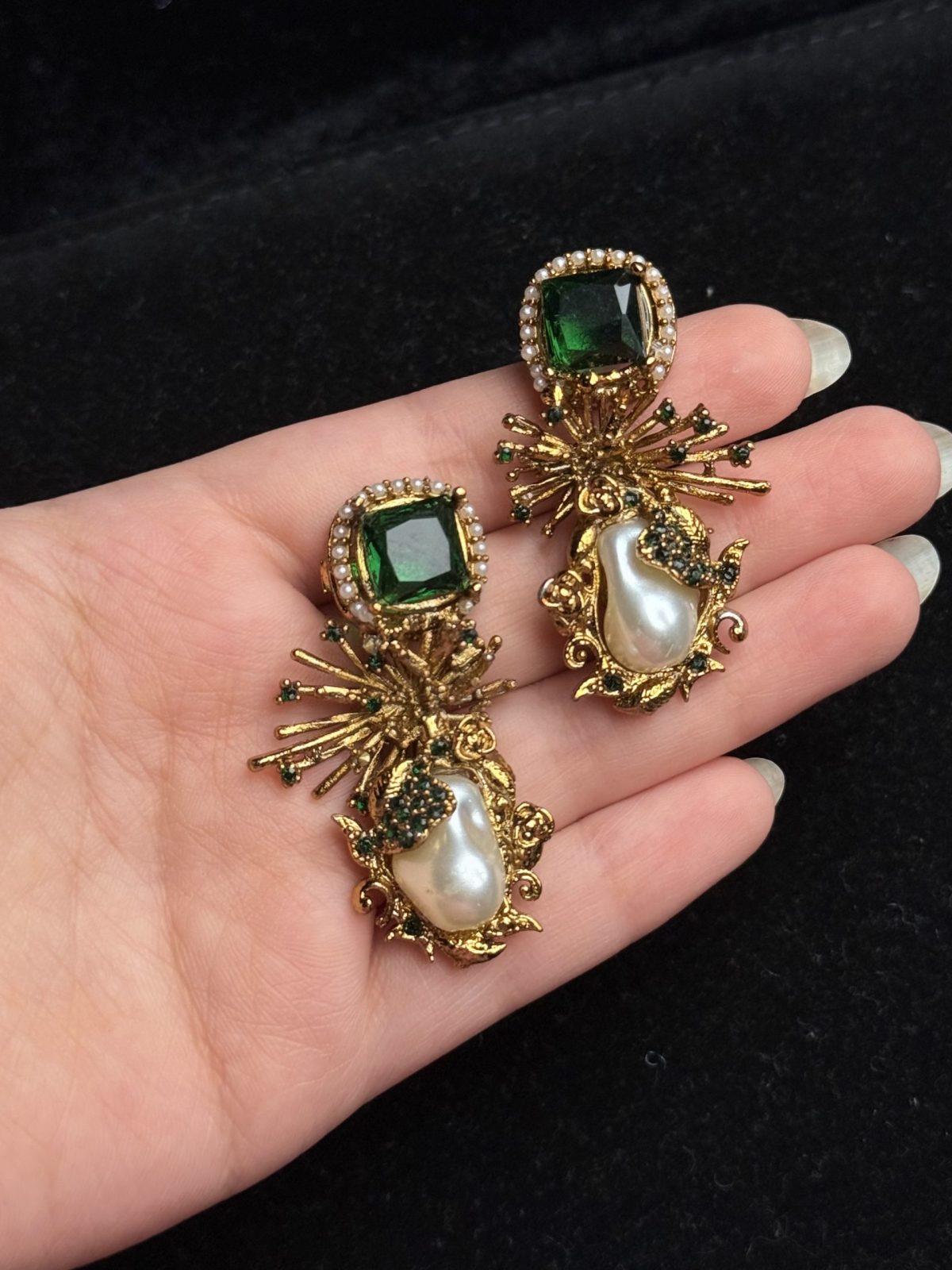 Dewdrop Pearl Earrings with crystal accents in Green